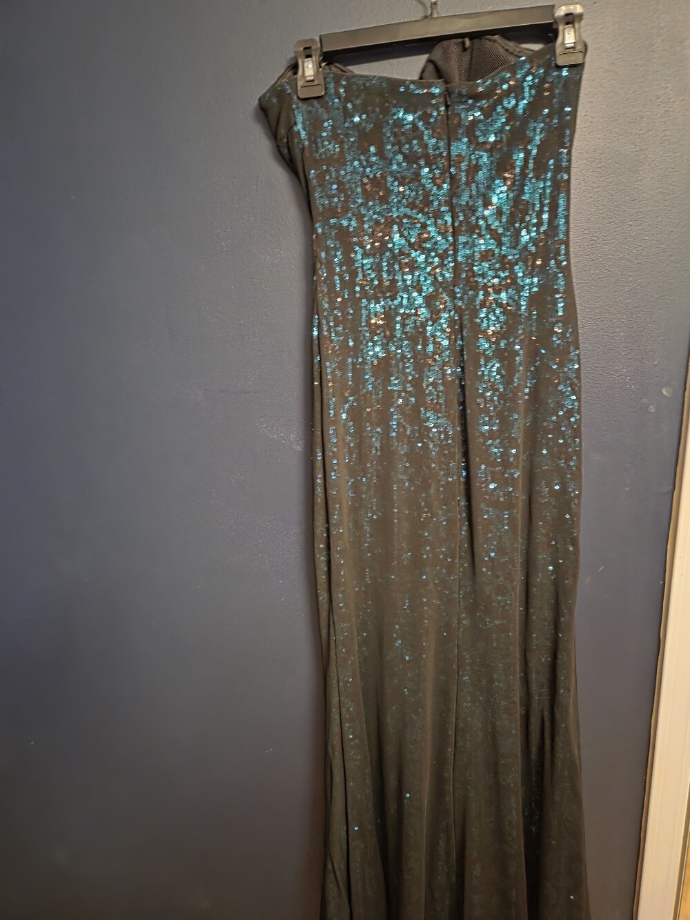 Badgley Mishka Strapless Black Tulle  Gown with Teal & Black Leopard Sequins